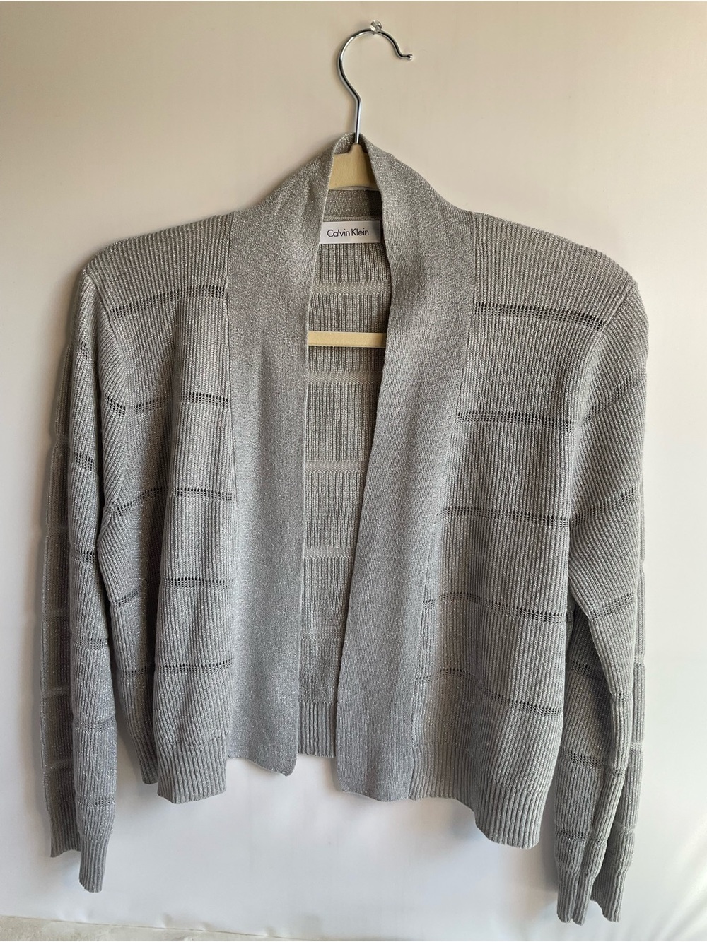 Calvin Klein Gray Metallic Shimmer Knit Open Front Cardigan Sweater Size Large L